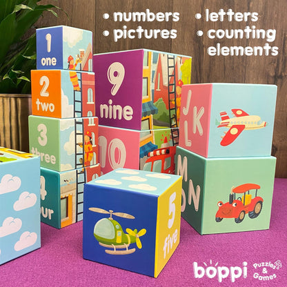 boppi Baby Stacking Blocks Vehicle Toys with Letters and Numbers, Montessori Cubes for Toddlers, Preschool Learning Toys