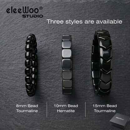 eleewoo Handmade 15mm Arrow Black Tourmaline Bracelet for Men Women, Bold Statement Grounding & Protection Crystal Jewelry, Beaded Stretch Bracelet in Premium Gift Pouch