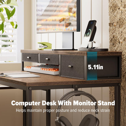SINPAID 47 inch Computer Desk with Printer Shelf, Gaming Desk with Monitor Stand and Drawers, Reversible Home Office Desk with Storage Shelves and 2 Hooks, Home Workstation for Study Writing, Walnut