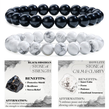 Bivei 2-Piece 8mm Beaded Bracelets for Women – Black Obsidian, Howlite – Handmade Natural Crystal Stretch Elastic Jewelry for Meditation, Yoga, Protection Gifts