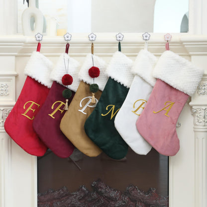 Pxniy 19.5 inches Personalized Velvet Christmas Stocking,Initials Embroidered Letter Christmas Stocking with pom poms, for Fireplace Hanging Decor and Xmas Gift(Burgundy J)
