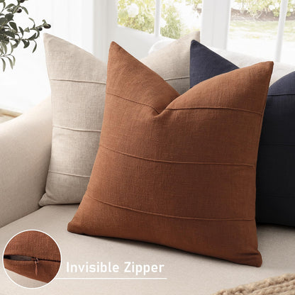 Decorative Linen Throw Fall Pillow Covers 18x18 Set of 2 Solid handcrafted Striped Cushion Covers for Bed Soft Modern Farmhouse Neutral Pillowcase for Couch Bedroom Living Room Home Fall Decor(Rust)