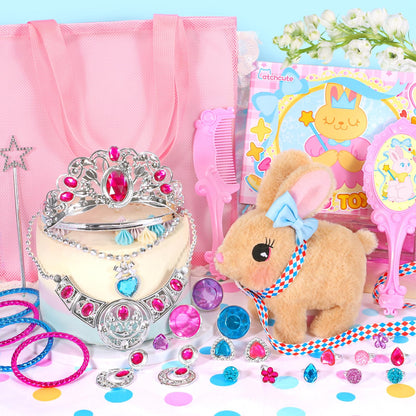 CatchCute Plush Toys Interactive Realistic Walking Bunny Toy Set with Leash and Mesh Storage Bag,Stuffed Bunny with Princess Jewelry Accessories,Perfect Thanksgiving Birthday Gifts for Kids