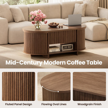Sikaic Fluted Lift Top Coffee Table with Storage, Mid Century Modern Oval Coffee Tables with Open Shelf and Hidden Storage Compartment, Center Table for Living Room, Office, Small Space, Walnut Brown