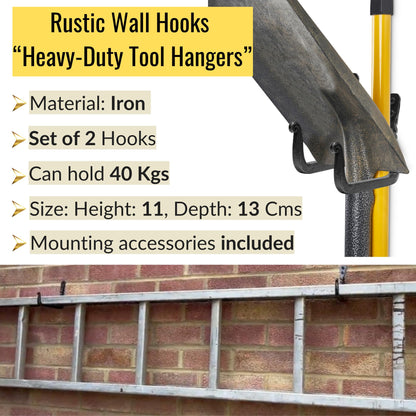 Unique Hand Crafted Pair of 2 Wall Hooks. Real Heavy Duty 50kgs Tested Wall Hooks for Garage, Garden Wheel Barrow, Heavy ladders, Bicycles