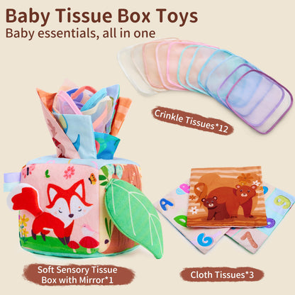 Yeeeasy Baby Tissue Box Toy, Montessori Sensory Toy for Babies 6–12 Months, Infant Early Learning Toy with Mirror, Textured Tails & Squeaky Sounds, Baby Gift for Boys & Girls