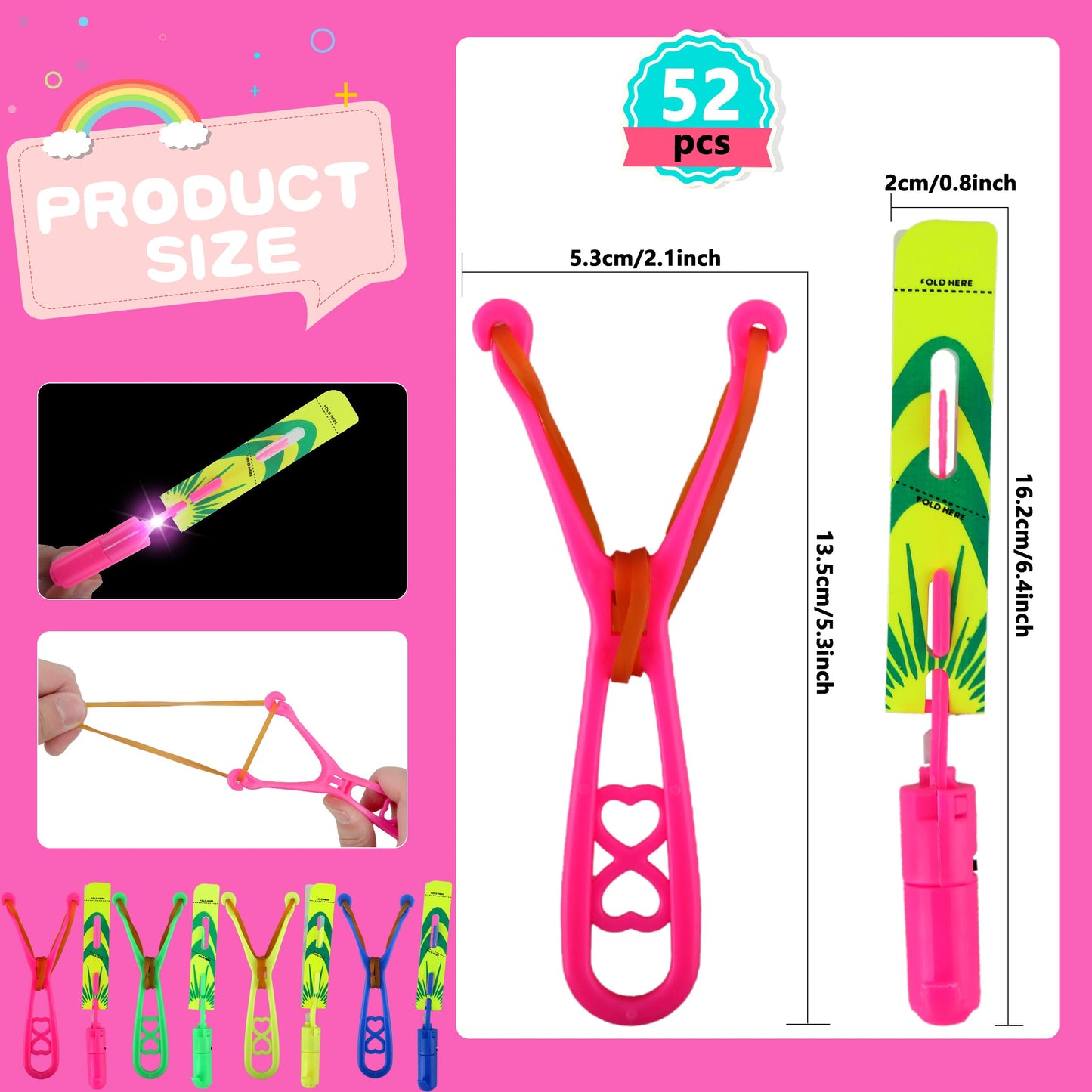 Cagemoga 72 Pcs Rocket Slingshot Flying Toys with LED Lights and Whistle Includes 36 Pcs Arrow Helicopter and 36 Pcs Launchers for Kids Outdoor Game Glow in The Dark Party Supplies