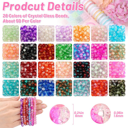 shynek 1400 Pieces 6mm Round Glass Beads for Bracelets, 28 Colors Bracelet Beads, Glass Crystal Beads for Jewelry Making, Bracelet Making and DIY Crafts(Crackle Color)