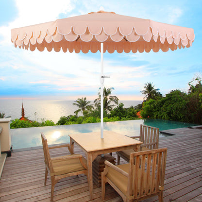 JONATHAN Y UMB1002H Tracy 9 ft. Classic MidCentury Scalloped Fringe Market Patio Umbrella with Auto-Tilt Crank, Wind Vent and UV Protection in Coral Pink/White, White Pole