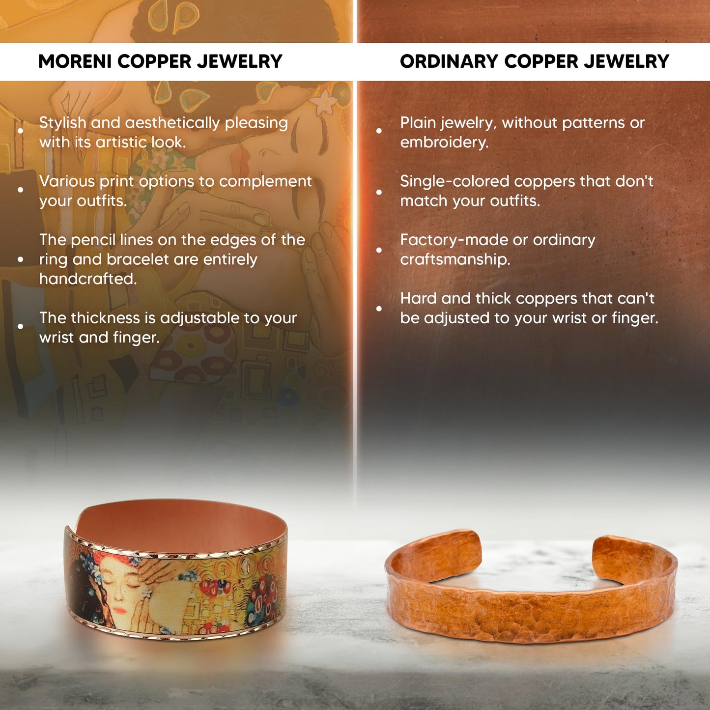 Moreni Copper Bracelet for Women – Handmade Engraved Cuff Inspired by “The Kiss” – Artistic Pure Copper Jewelry with Gift Wooden Box