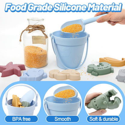 Biubee 9Pcs Silicone Sand Toys for Baby with Portable Beach Bag - Kids Beach Set with Beach Toy Molds Shovel Bucket Set - Toddler Sandbox Toys for Kids Outdoor Summer Playset