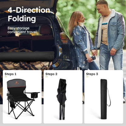 ALPHA CAMP Camping Chairs 350LBS Capacity, Heavy Duty Folding Chair with 4-Can Cooler Bag, Portable Outdoor Chair with Cup Holder for Adults, Collapsible for Tailgating, Beach, Fishing,Black