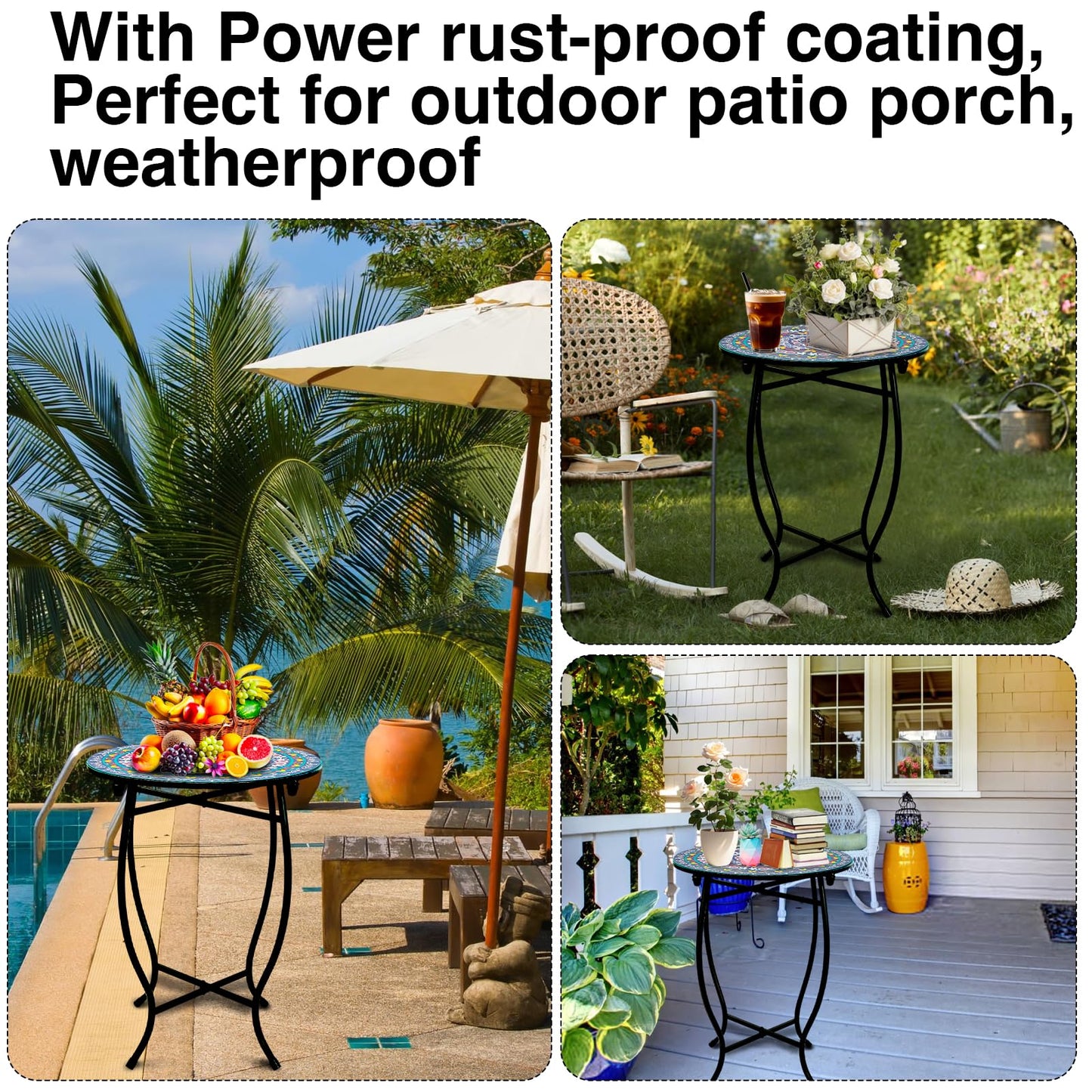 Outdoor Metal Side Tables, 14" Round Patio Side Table, Weather Resistant Metal End Table Side Table for Patio Yard Porch Balcony Garden Bedside, Plant Stand for Indoor, Easy Assemble