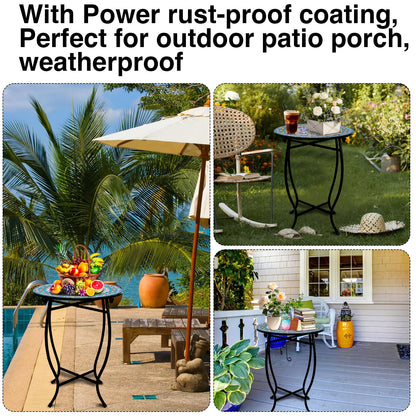 Outdoor Metal Side Tables, 14" Round Patio Side Table, Weather Resistant Metal End Table Side Table for Patio Yard Porch Balcony Garden Bedside, Plant Stand for Indoor, Easy Assemble