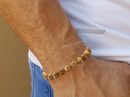 Amazing Gemstone Picture Jasper Bracelet for Women - Chakra Mens Bracelet Protection Crystals&Healing Stones - Blessing Bracelet Spiritual Meditation Gift (Faceted Beaded Bracelet)