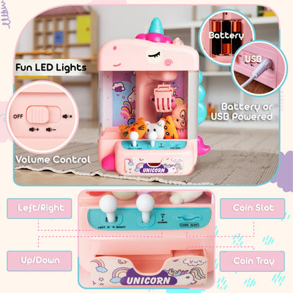Claw Machine for Kids - Mini Arcade Game - Vending Machine - Candy Grabber Toys - Silent Mode, Lights, USB - Plush Toys & Easter Eggs, Surprise Stickers - Fun Gift for Kids, Boys & Girls (Unicorn)