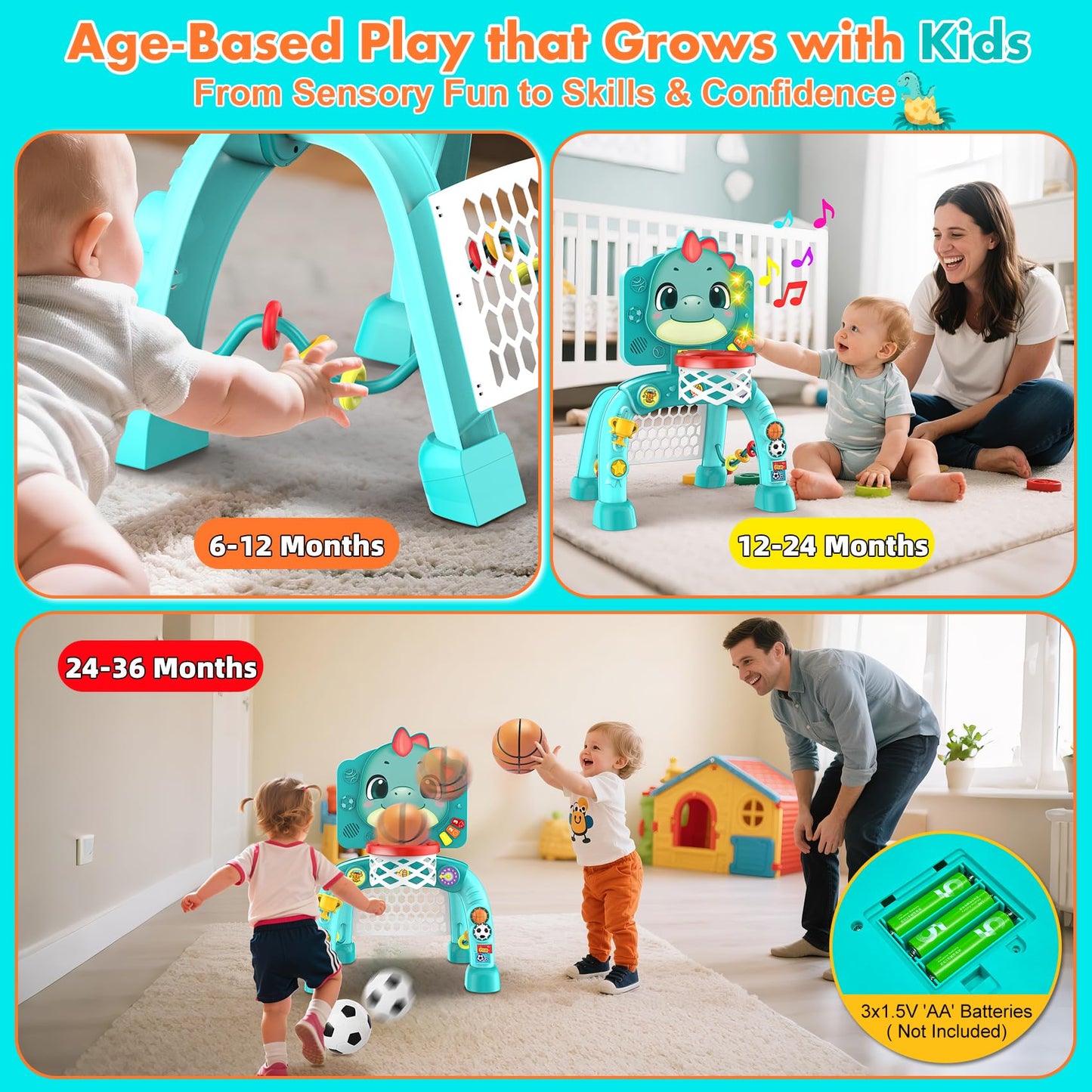 Dinosaur Kids Sports Play Toy: 4-in-1 Multifunction Indoor Outdoor Activity – Basketball Toss, Ring Throw, Ball Play & Music Lights to Improve Motor Skills, Birthday Gift for Boys Girls Age 1-3