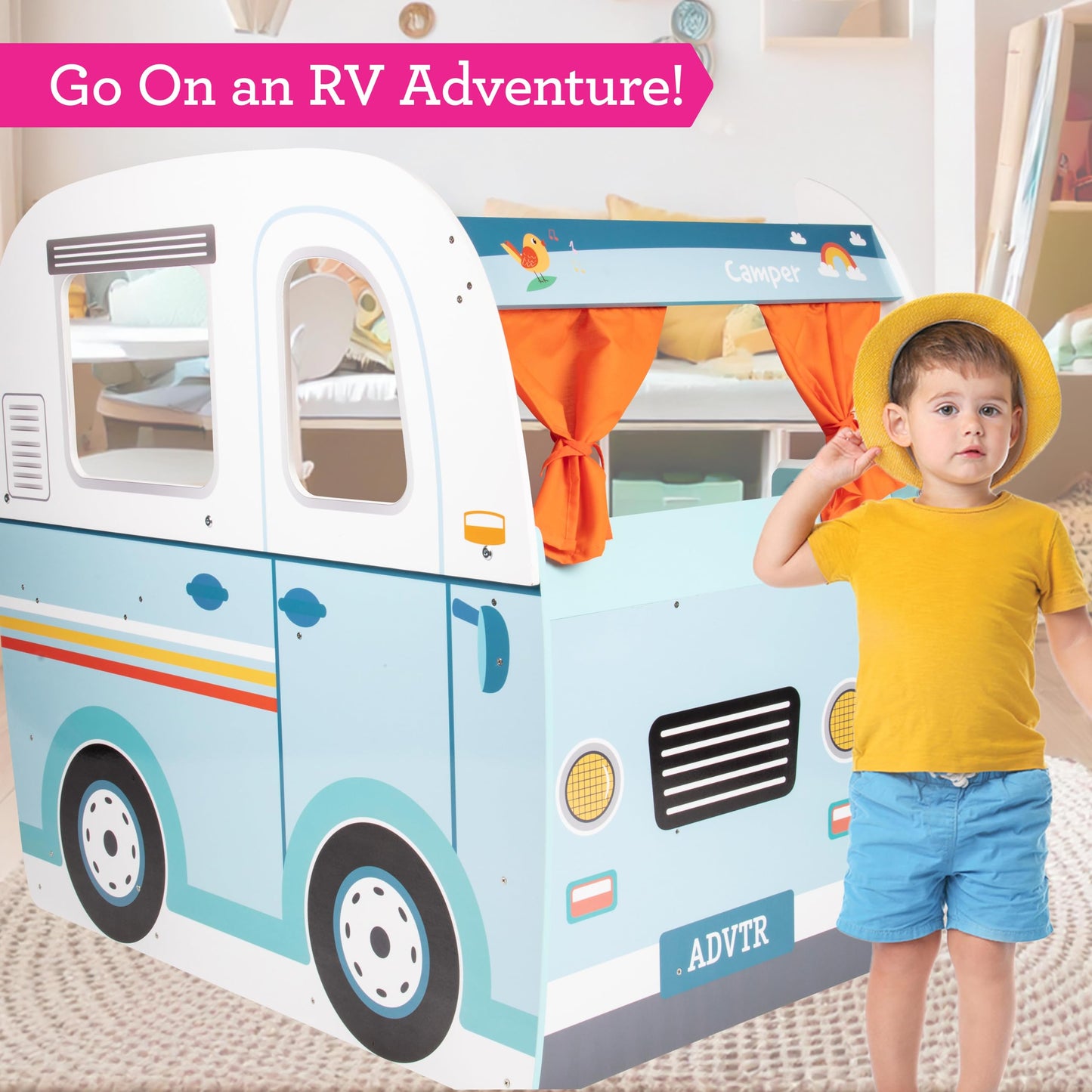 Wooden Play Camper Van Toy Playset w Steering Wheel, Kitchen, Stove, Oven, Bed, Pillow, Pretend Shower, Curtains, Personalization Stickers- Indoor Retro Car Camping, Travel RV Adventure- Ages 3+ Gift