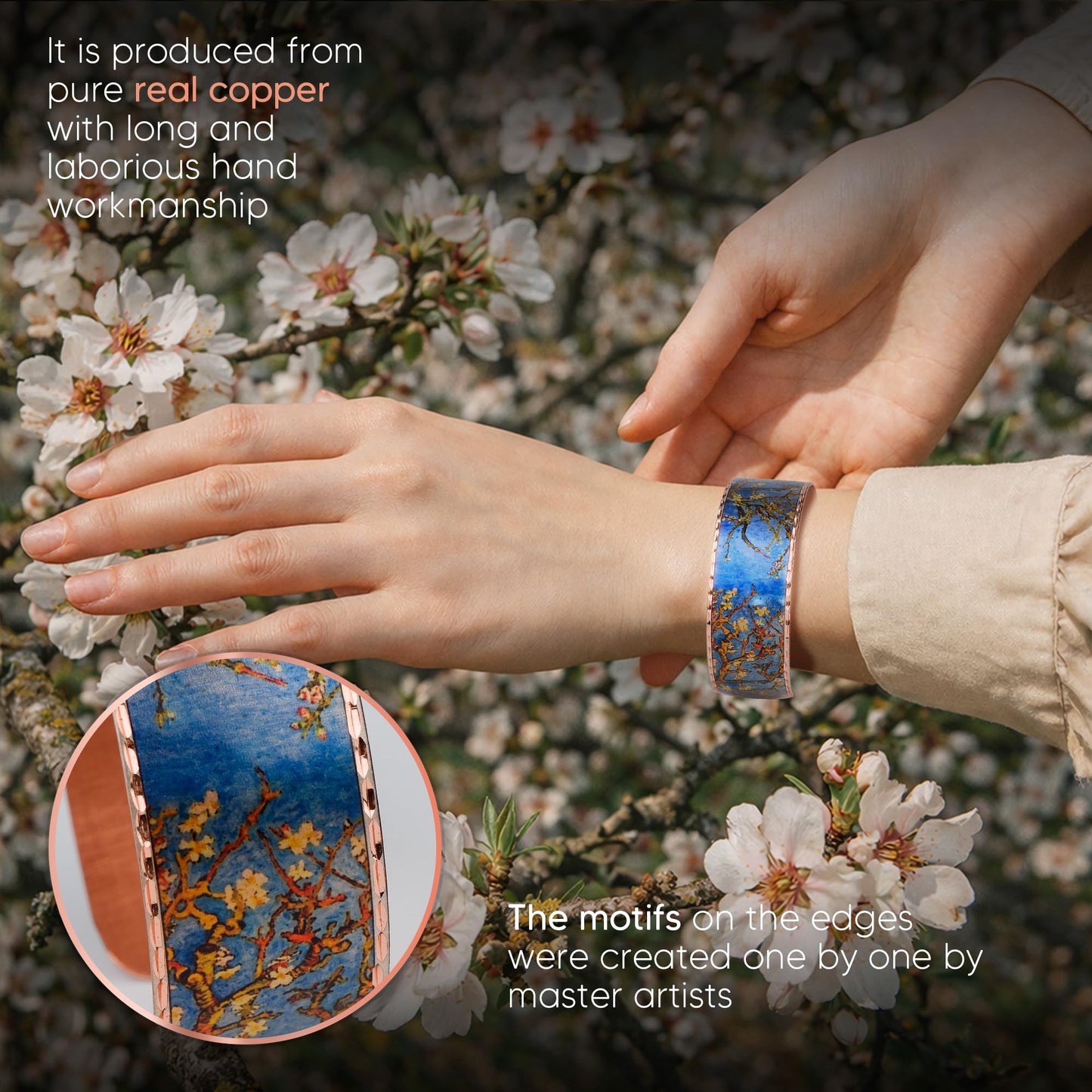 Moreni Copper Bracelet for Women – Handmade Engraved Cuff Inspired by “Almond Blossom” – Artistic Pure Copper Jewelry with Gift Wooden Box