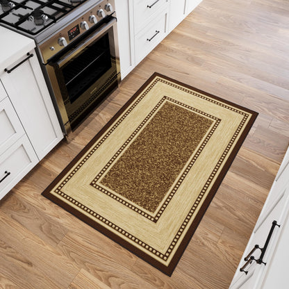 Ottomanson Area Rug 3'3" x 5' – Non Slip Rubber Backed Indoor Rug, Low Pile Accent Rug for Living Room, Bedroom, Entryway, Kitchen, Durable Floor Carpet, Border Dark Brown