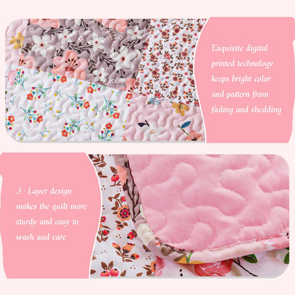Whale Flotilla Patchwork Quilts Queen Size, Extra Soft Boho Floral Bedspreads for Bed Reversible Lightweight Full Queen Quilt Bedding Set Printed Coverlets with 2 Pillow Shams for All Seasons, Pink