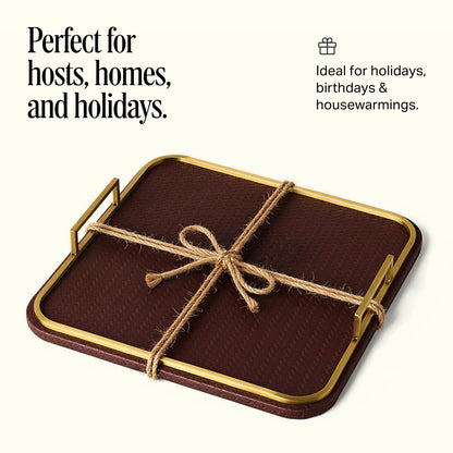 Preston Lane Mayfair Decorative Tray – Vegan Leather with Woven Texture, Brushed Brass Handles – Serving, Dresser & Coffee Table Tray, Espresso