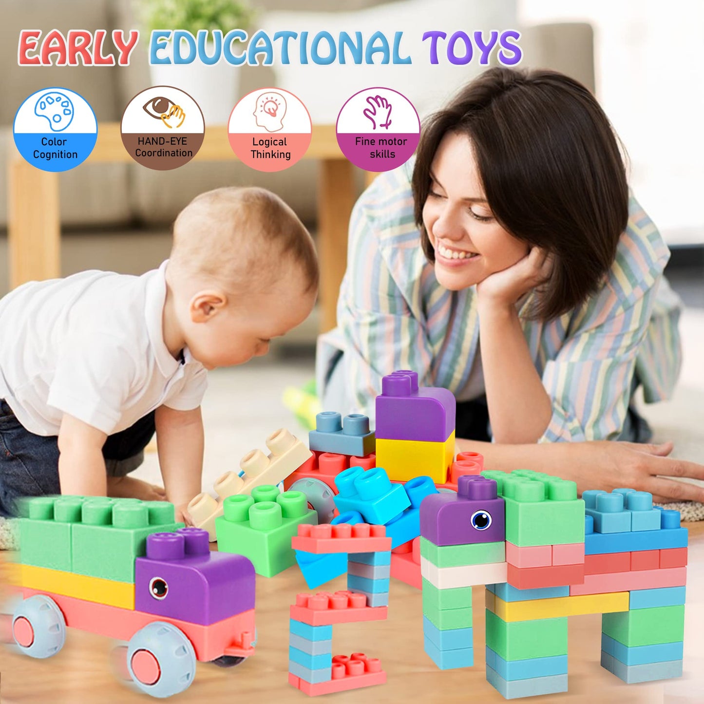 80PCS Baby Blocks Set with Storage Bucket + 6PCS Sensory Balls Bundle - Rubber Soft STEM Building Blocks for Babies 6+ Months, Textured Montessori Balls for Infants & Toddlers 6-12M, Tummy Time Gift