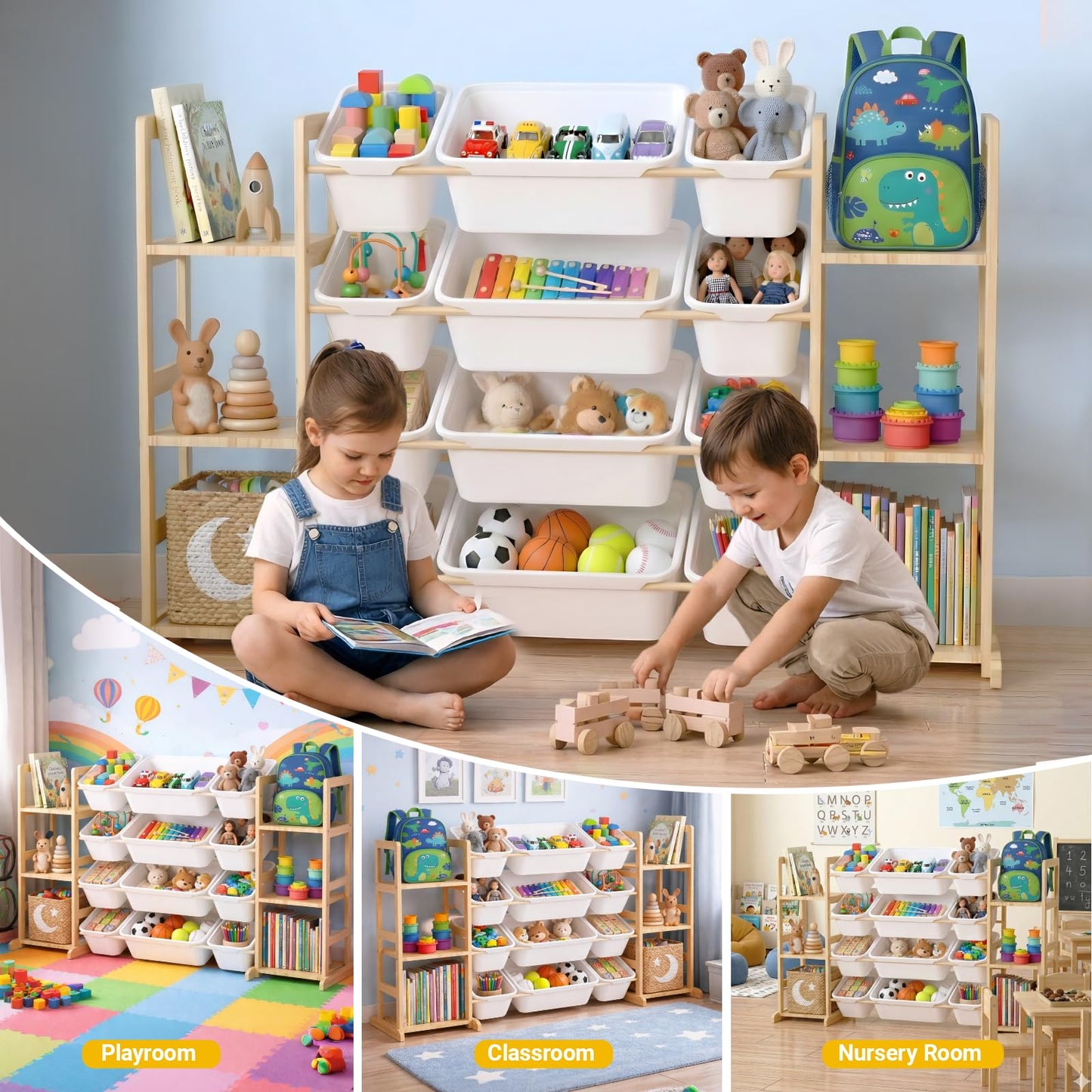 Dclavy Toy Storage Organizer with Bookshelf for Kids, Large Wooden Shelf with 12 Storage Bins & 6 Shelves, Toy Box Organization for Kids Rooms, Playroom, Nursery and Living Room