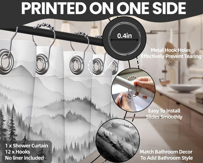 QGHOT Mountain Shower Curtain Black and White Forest Nature Shower Curtains for Mens Bathroom Charcoal Grey Rustic Woodland Pine Tree Cool Bath Decor Sets, Waterproof Fabric with Hooks, 70x72in