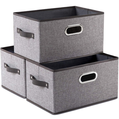 PRANDOM Large Foldable Storage Bins for Shelves [3-pack] Decorative Linen Fabric Storage Baskets Cubes with Leather/Metal Handles for Closet Nursery Office Grey and Black Trim (14.9x9.8x8.3 Inch)
