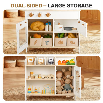 DREAM BUILDING Dual-Sided Play Kitchen for Kids Toddlers, 2-in-1 Grocery Store&Wooden Toy Kitchen Set with Coffee Machine,Pretend Kitchen Play Set with Microwave, Oven, Gift for Boys Girls