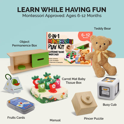 SmileyBubs Montessori Baby Toys 6-12 Months, Montessori Toys for 1 Year Old, Baby Sensory Toys for 6-12 Month Infants - A Sliding Box, Puzzle, Switchboard, Pulling Carrots, Doll, Fruit Flash Cards