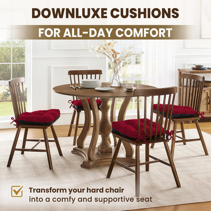 downluxe Indoor Chair Cushions for Dining Chairs, Tufted Overstuffed Textured Kitchen Chair Pads with Ties and Non-Slip Backing, 15.5" x 15.5" x 4", Red, 6 Pack
