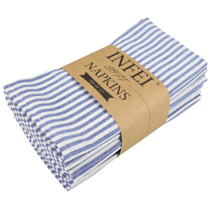 INFEI Plain Striped Cotton Linen Blended Dinner Cloth Napkins - Set of 12 (40 x 30 cm) - for Events & Home Use (Blue)