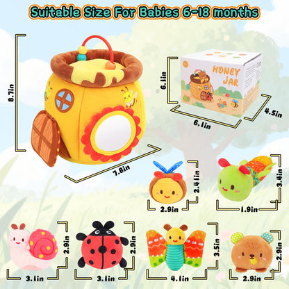 Zendstanding Baby Toys 6-12 Months - Soft Honey Jar with 6 Sensory Insect Stuffed Animals Montessori Plush Toys W/Rattle, Crinkle Paper, Mirror for Toddlers 1 2 3 Year Motor Skills Developmental
