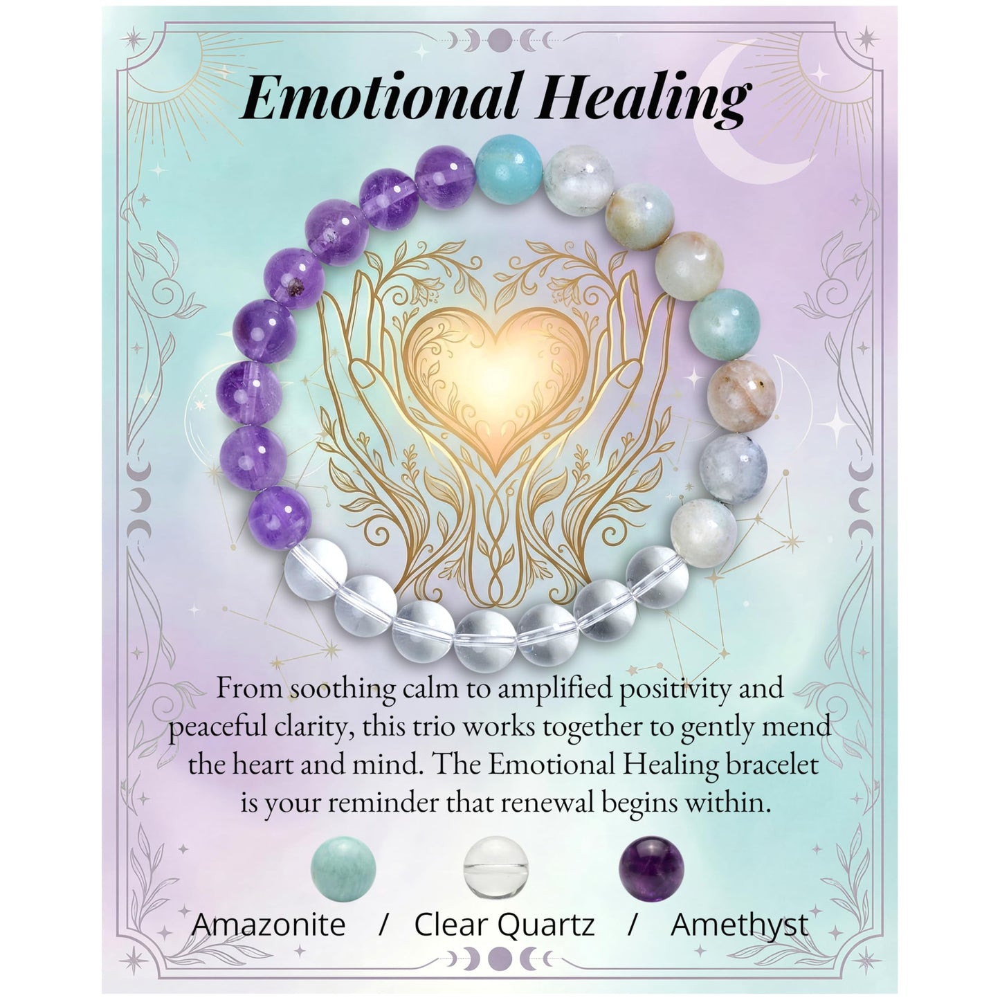 Bivei Emotional Healing Bracelet, Strength Crystal Healing Bracelet 8MM with Amazonite & Clear Quartz & Amethyst - Spiritual Stretch Beaded Jewelry for Women Men Gift