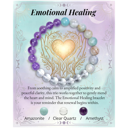 Bivei Emotional Healing Bracelet, Strength Crystal Healing Bracelet 8MM with Amazonite & Clear Quartz & Amethyst - Spiritual Stretch Beaded Jewelry for Women Men Gift