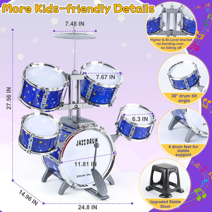 Upgraded Kids Drum Set for Toddlers 1-3, Kids Jazz Drum Ages 3-5, Star Light up Musical Instrument Toys for Boys Girls 2-5 4-6 5-7 ( All Plastic)