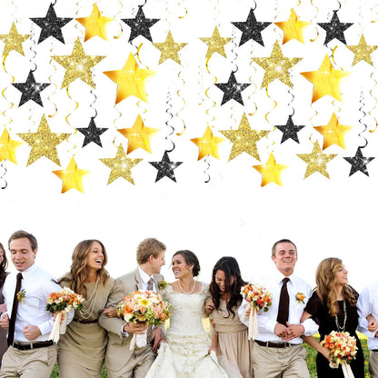 Black Gold Graduation Decorations/Black Gold Party Decorations/Black and Gold Star Hanging Swirls, 16 Pieces, for Birthday,New Year Eve, Graduation Star Party Decorations