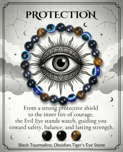 Bivei Evil Eye Bracelets Protection, Strength Crystal Healing Bracelet 8MM with Black Tourmaline, Obsidian & Tiger Eye - Spiritual Stretch Beaded Jewelry for Women Men Gift