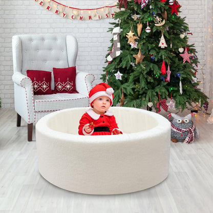 MEOGETY Baby Ball Pit with 5 Hanging Toys & Removable Play Arch for Toddlers Soft Foam Activity Center for Girls Boys Great Gift, Easy to Assemble & Clean, Teddy White