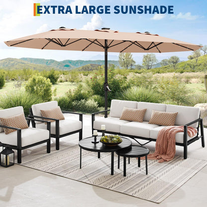 GarveeTech 15FT Solar Patio Umbrella with 36 LED Lights, Weighted Base Included, Tilt and Crank Market Umbrella for Backyard, Garden, Deck, Pool, Beach, Beige