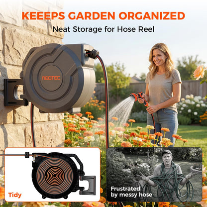 Retractable Garden Hose Reel 90 ft x 5/8 inch Automatic Slow Return 9 Sprayer Nozzle Any Length Lock Heavy Duty Wall-Mounted Hose Reels for Outside 180° Swivel UV Resistant