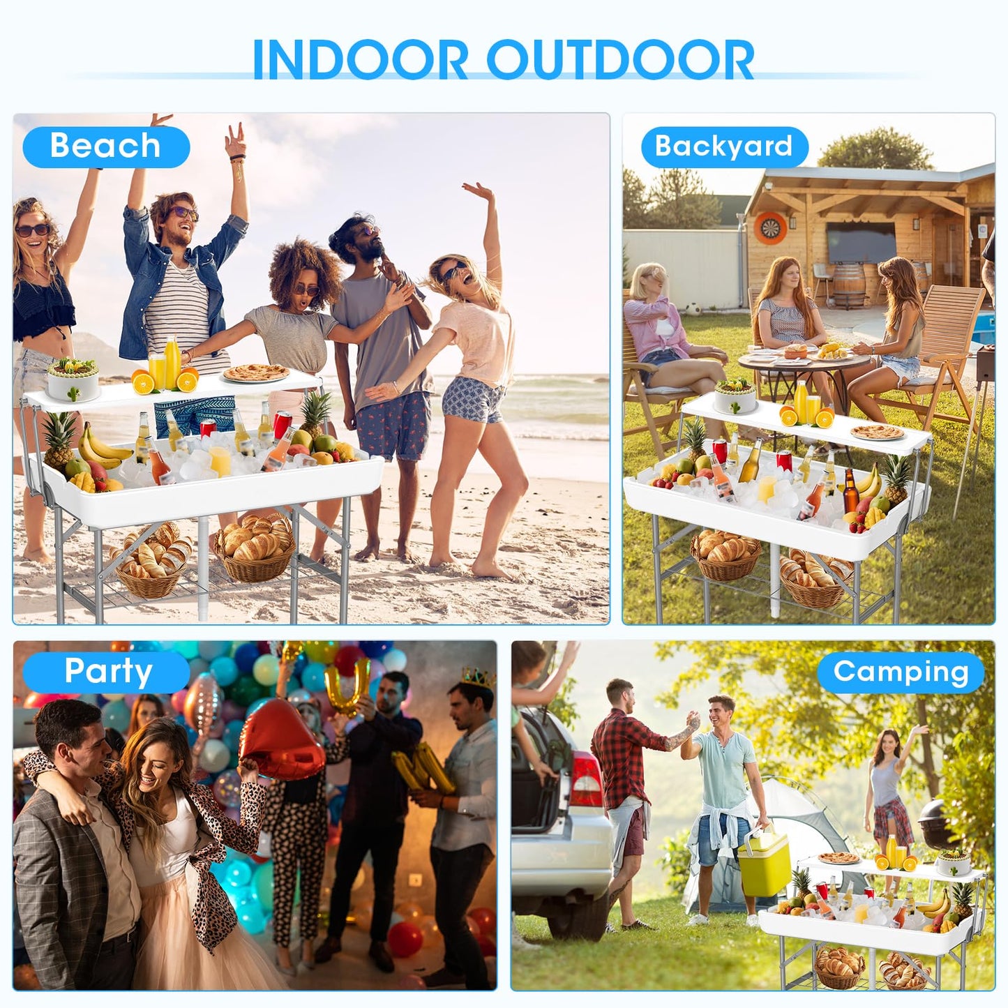 HLPB 4 FT Party Ice Cooler Folding Table with Folding Board, Outdoor ice Table with Skirt & Drain & Folded Buckets & Barbed Wire, Portable Foldable Bar Table for Party, BBQ, Camping, Picnic, White