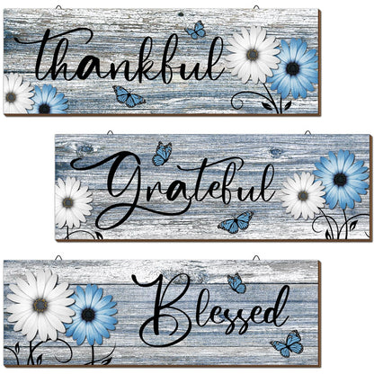 Geetery 3 Pcs Thankful Grateful Blessed Wooden Signs Rustic Daisy Wood Wall Decor Inspirational Wall Art Signs Rustic Wooden Hanging Decorations for Bedroom Kitchen Living Room Bathroom Home (Blue)