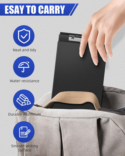 A5 Metal Clipboard with Storage - Memo Size Heavy Duty Recycled Aluminum Clipboard, Binder Form with Privacy Cover, 6x9 Inch Paper Holder for Police, Nurses, Students, and Office Use - Frosted Black