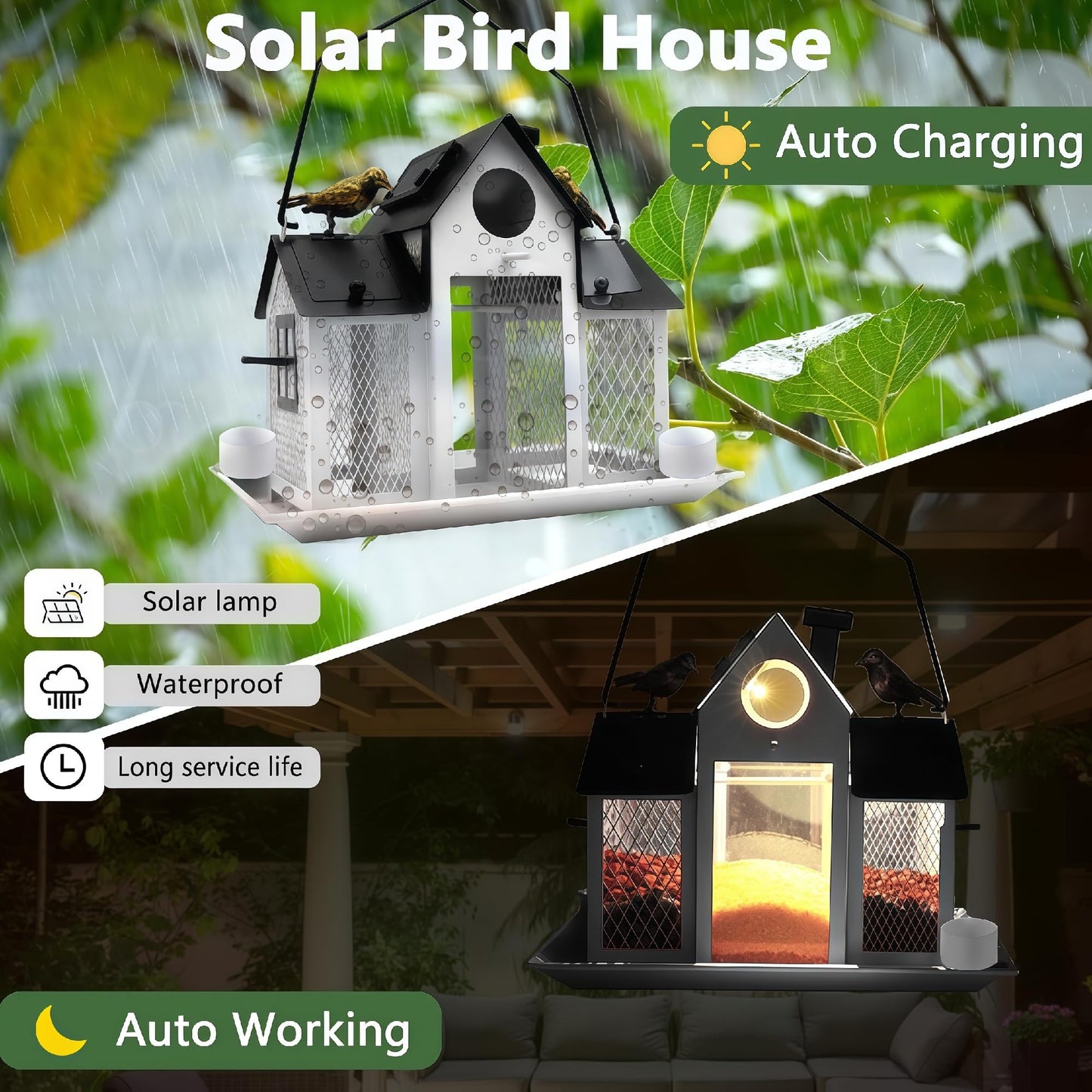 Solar Bird Feeders House for Outside Hanging, Metal Wild Bird Feeder for Outdoors Large Capacity Cardinal Birdfeeder Birdhouses Metal Bird Feeding Station White