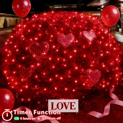 YEGUO Net Lights Outdoor Mesh Lights, 12ft x 5ft 360 LED Red Valentine‘s Day Light Outdoor Waterproof, 8 Modes Connectable Clear Wire Christmas Bush Light Plug in