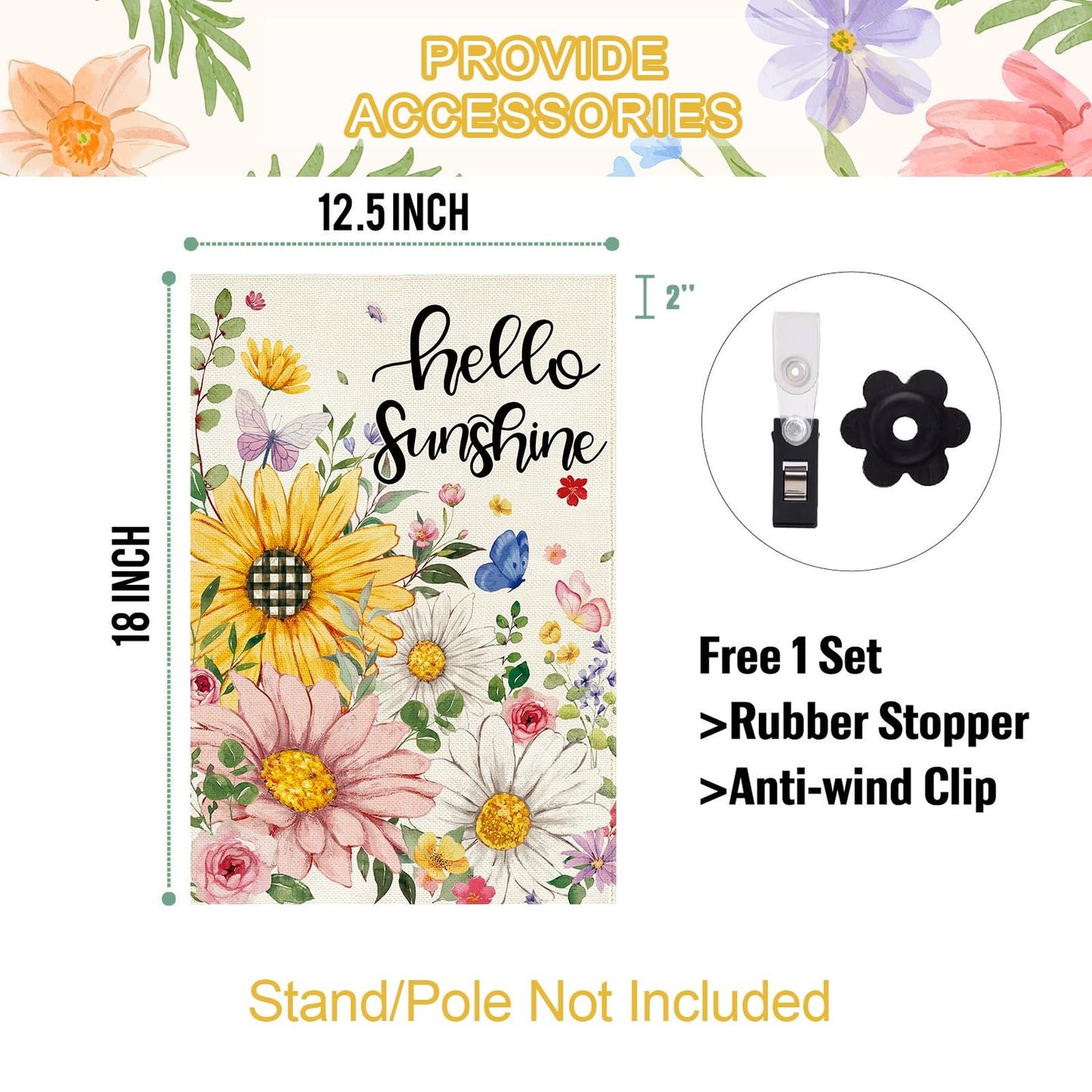 Baccessor Spring Summer Garden Flag Double Sided 12.5 x 18 Inch Burlap with Clip and Stopper,Hello Sunshine Sunflowers Daisy Flag Seasonal Farmhouse Yard Lawn Outside Outdoor Decoration