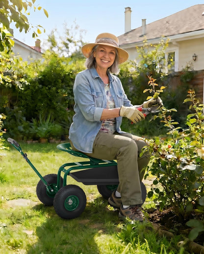 Heavy Duty Garden Cart, Garden Scooter Rolling Work Seat, 360° Swivel with 10-Inch All-Terrain Inflatable Tires, Extendable Steering Handle & Metal Tool Tray for Planting, Weeding, Yard Work